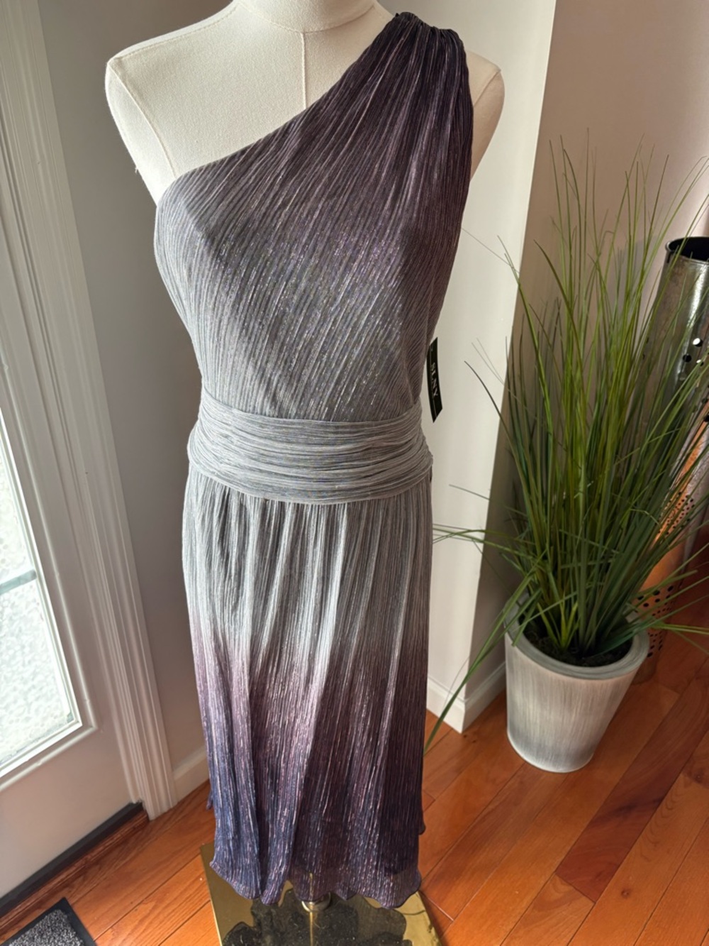 SLNY One-Shoulder Silver to Deep Purple Ombre Elegant Formal Dress